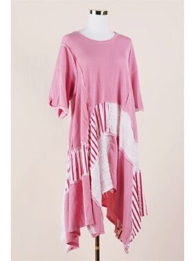 Sz M Fantastic Fawn Pink Flowy Striped Patchwork Panel Midi Dress NWOT